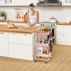 DTK 3-Tier Metal Utility Rolling Cart with Table Top and Side Bags, Art Craft Cart with 4 Hooks for Kitchen, Bathroom, Office, Living Room (Pink)
