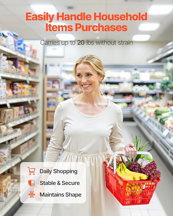 VEVOR Shopping Baskets, 12 PCS, 21L Stackable PE Plastic Grocery Baskets with Handles, Dense Mesh Structure, Holds up to 20 lbs, Portable for Grocery, Retail, Stores, Supermarket, Home Use, Red