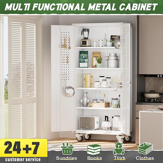 Greenvelly Metal Garage Cabinets with Wheels, 72" Rolling Storage Cabinet with Pegboards and Shelves, Tall Tool Cabinet with Locking Doors for Garage,Home Office,Warehouse(White)