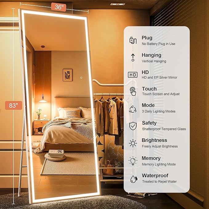 Full Length Mirror with Lights, 83" x 36" Large LED Lighted Floor Standing Body Mirror, Dimmable & 3 Color Lighting for Bedroom, Cloakroom, Dressing Room, Tempered Glass, Square White