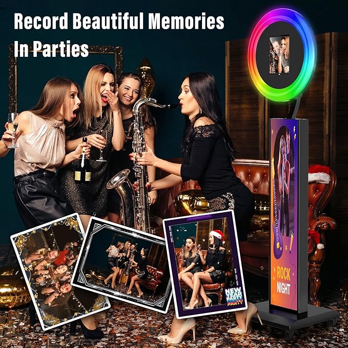 JIYANG Portable Photo Booth Stand Shell with Light Ring,Fits for Any Size iPad, Photo Booth Shell with Flight Case,Black Selfie Photo Booth with Chacktok Software Perfect for Wedding