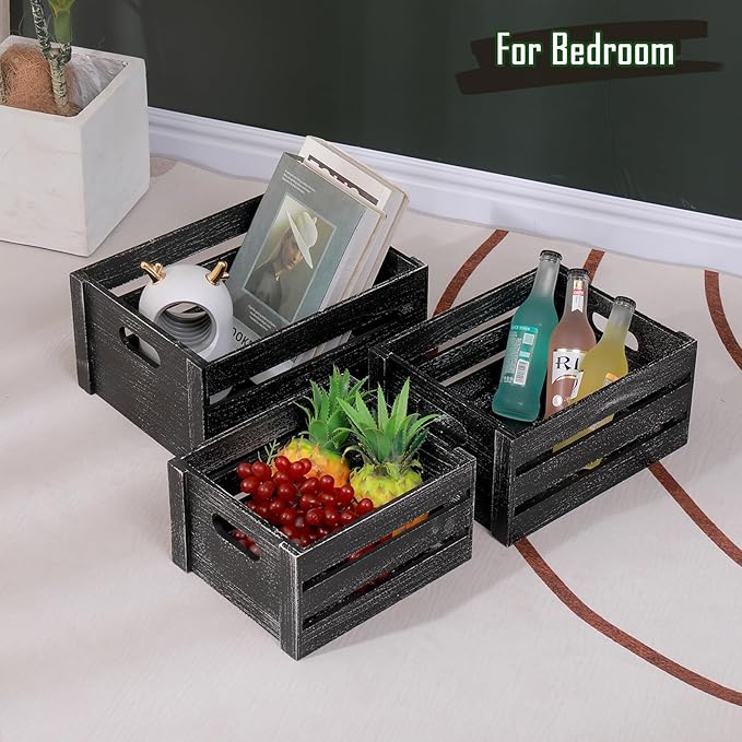Storage Crates 3 Pack Wooden Nesting Crates with Handles,Rustic Storage Container Boxes,Farmhouse Decorative Baskets for Storage,Display,Decor,Black
