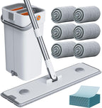 CTIME Large Mop and Bucket Set, Flat Mop and Bucket System, Wall Mop with Adjustable Handle (Max 74 Inches), Mops for Floor Cleaning, 6 Washable 15.74'' Microfiber Mop Pads