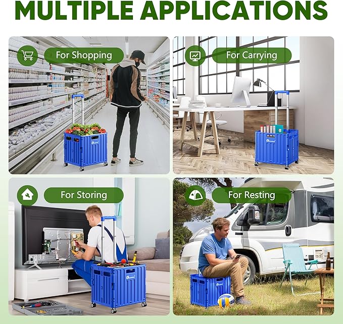 Folding Utility Cart with Lid, Portable Rolling Crate Handcart Collapsible Shopping Trolley, Durable Plastic Foldable Tool Basket with 4 Rotate Wheels for Grocery, Office, Luggage, School - Blue