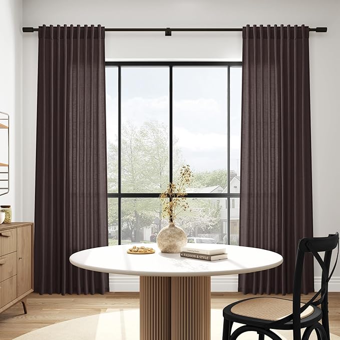 Nanspring Cocoa Coffee Linen Blend Light Filtering Back Tab Curtains 84 Inches Long, Semi Sheer Privacy Drapes for Living Room & Bedroom Simple Style, 52x84 inch, 2 Panels