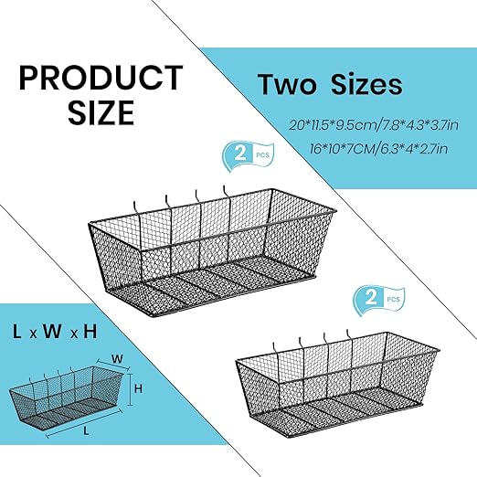 Sieral 4 Pcs Black Pegboard Baskets Metal Wire Shelf Baskets Peg Board Organizer Accessories Wall Mount Organizer Attachments for Garage Workbench Various Tool Accessories, 2 Sizes (Small, Medium)