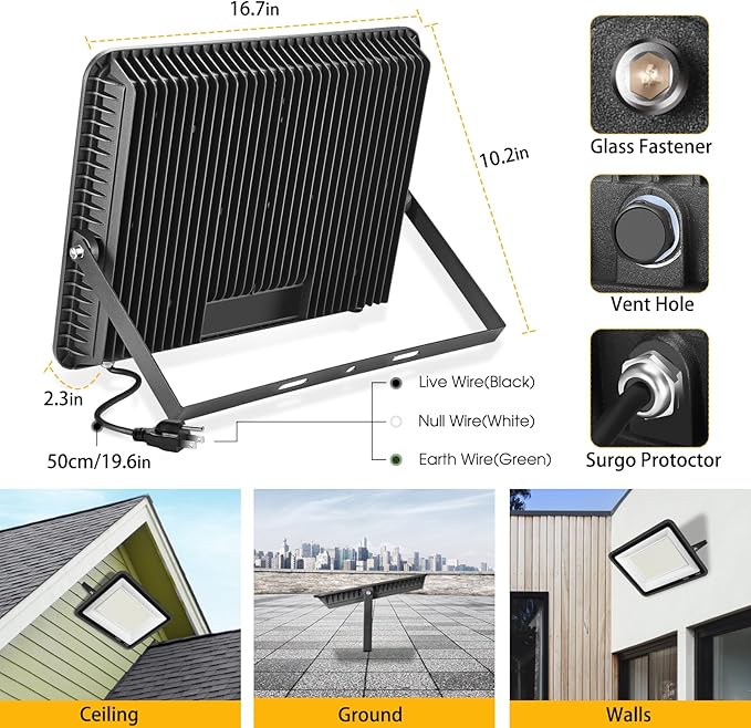 2 Pack 300W Warm White Led Flood Lights Outdoor,3000K Super Bright 43500LM Security Lights with Plug,Exterior IP66 Waterproof FloodLight for Basketball Court, Yard, Garden, Playground