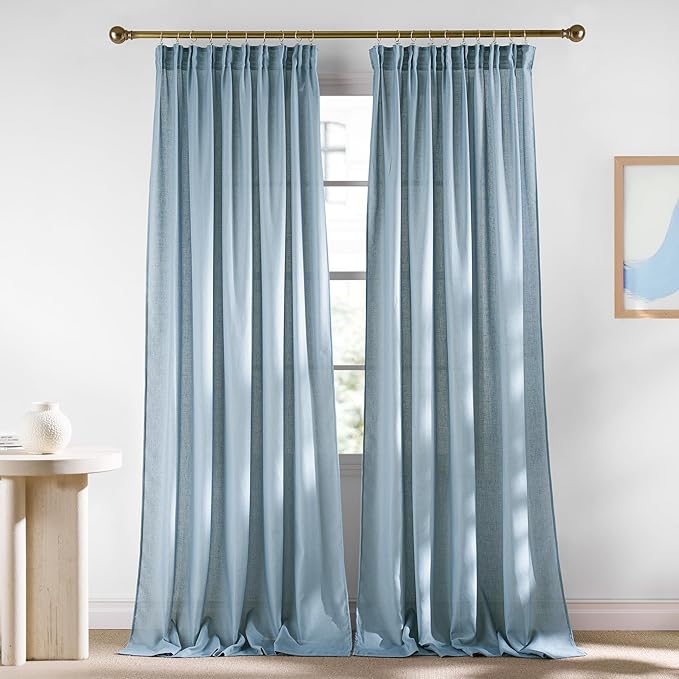 NICETOWN Linen Stone Blue Curtains 120 inches Long, Back Tab/Rod Pocket with Pleat Tape Privacy Added Light Filtering Window Treatments for Bedroom,Stone Blue, W52 x L120, 2 Panels
