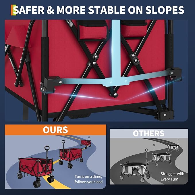 35" Foldable Wagon for Beach with 350lbs Weight Capacity, Heavy Duty 280L Extra Large Collapsible Foldable Wagon for Camping, All Terrain Beach Wagons Extended with Cup Holders for Sand