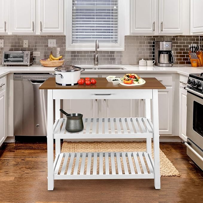 Island Oasis Solid Wood Kitchen Island with Drawer, Stainless Steel Towel Bar and Open Storage Multi-Purpose Prep Table for Home Kitchens Natural Maple and White