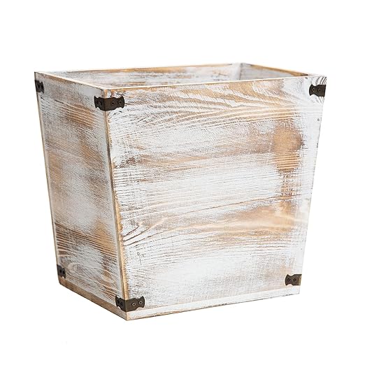 VERGOODR Grey Farmhouse Style Torched Wood Trash Can Waste Bin with Decorative Metal Brackets Trash Can for Bedroom,Living Room, Bathroom & Office (Washed White)