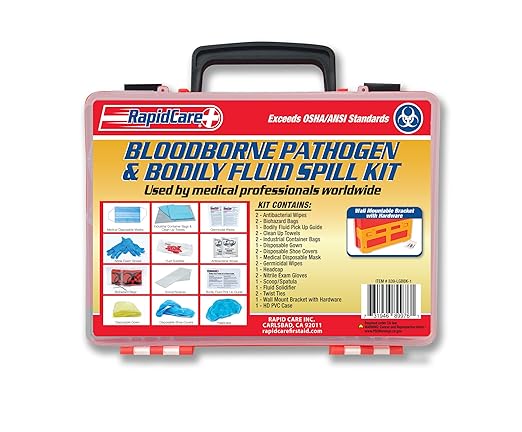Rapid Care First Aid 839-LGBBK-1 Premium Bloodborne Pathogen & Bodily Fluid Spill Clean Up Kit, OSHA Compliant, Wall Mountable, 10" x 8" x 3.5",Red/Clear