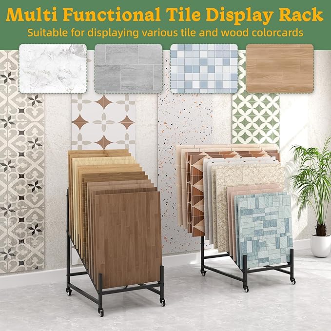12-Tier Tile Sample Display Stand, Rolling Tile Sample Storage Rack, Metal Floor Tile Display Stand, Building Material Display Shelf, Slotted Tile Display Rack, Floor Sample Holder for Exhibition Hall