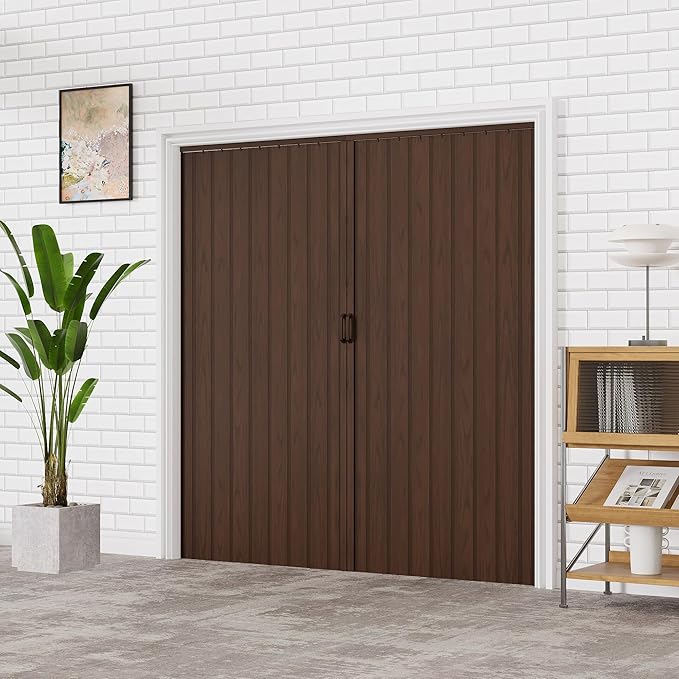 61"-72" x 80" Accordion Doors Interior - Three Installation Options, Vinyl PVC Bifold Accordion Closet Doors, Includes Door & Mounting Hardware, Handle, Temporary Folding Door for Doorway, Walnut