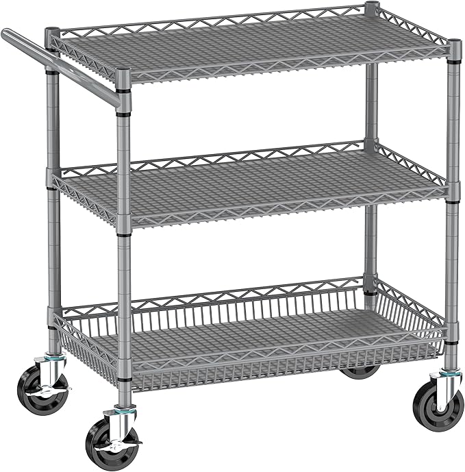 Heavy Duty Metal Carts with Wheels 1050lbs Steel Wire Rolling Utility Cart with Storage Commercial Grade Trolley with Handle Bar&Shelf Liner for Kitchen Living Room Laundry Grocery