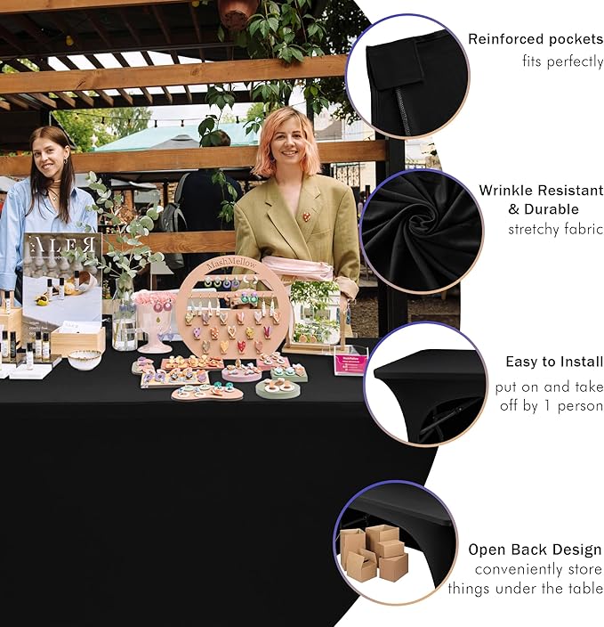 Nasitos 6 Pack Black Table Cloths - Rectangle, 8 ft, Spandex Stretch, Fitted, Washable, Wrinkle-Free, Trade Show & Party Tablecloths