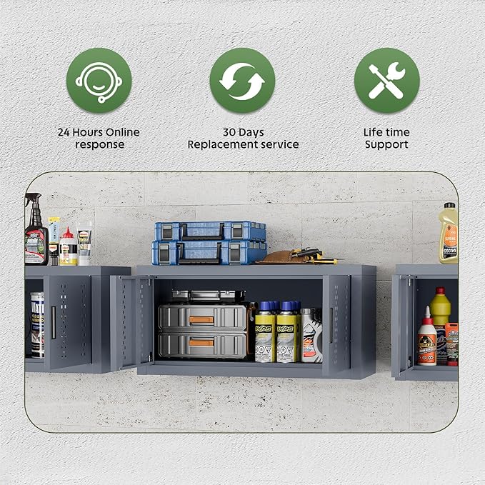 Small Wall Cabinet, Metal Garage Wall Mounted Storage Cabinets, Floating Garage Tool Cabinet with 2 Doors, Heavy-Duty Tool Organizer, Utility Wall Cabinet for Warehouse, Basement, Kitchen