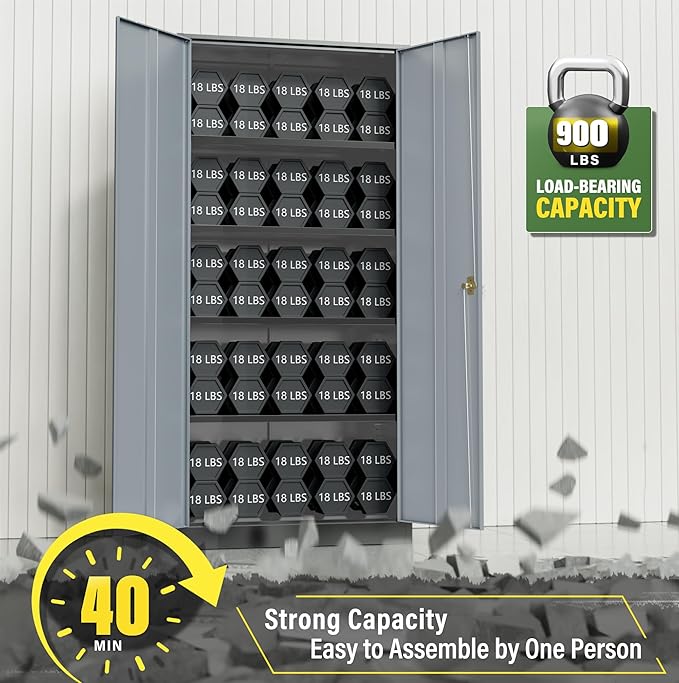 Greenvelly Metal Storage Cabinet,72 Inch Lockable Storage Cabinet with Doors and 4 Adjustable Shelves,Garage Storage Cabinets for Home,School,Gym(Black Grey)