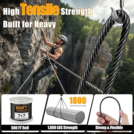 AHEONLAR 500FT 1/8" T316 Stainless Steel Cable for Railing,7x7 Wire Rope with Cutter,1850 lb Breaking Strength,Deck Stair Fence Hardware Kit for Indoor Outdoor Use,Black