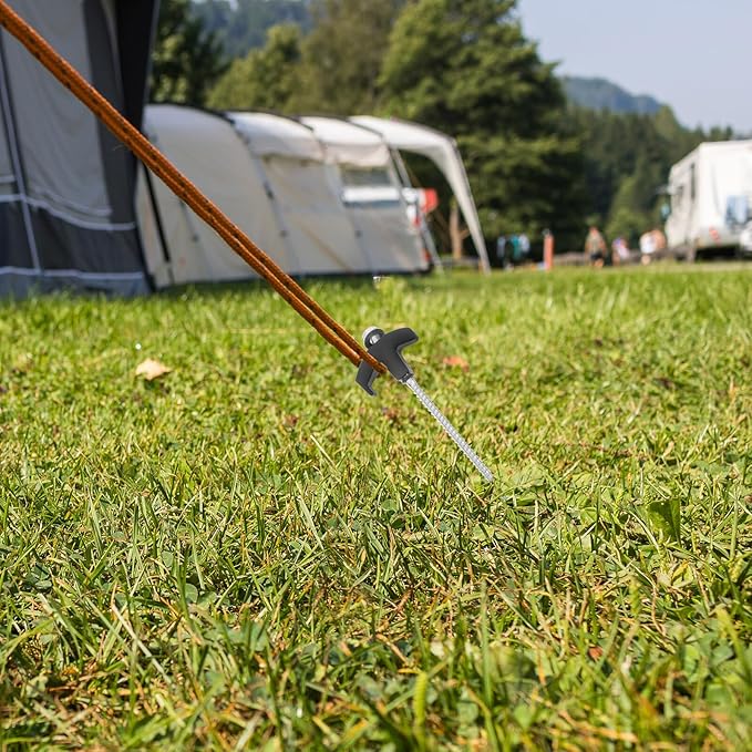 Hexagonal Carbon Steel Tent Ground Anchors with Threaded Spiral Design Camping Pegs for Beach Lawn Hard Soil Fabric-Friendly Caps for Tent Protection and Enhanced Stability