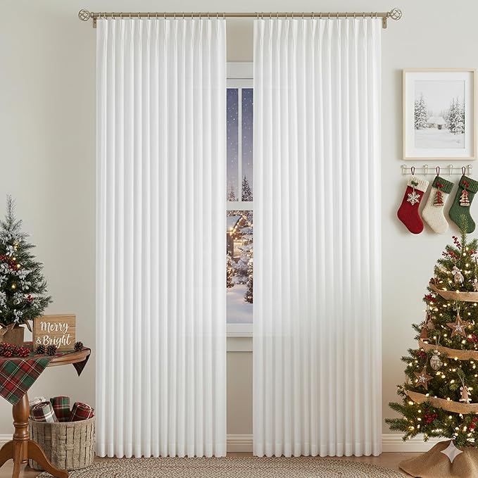 Vision Home White Pinch Pleated Semi Sheer Curtains Textured Light Filtering Window Curtains 90 inch for Living Room Bedroom Rayon Blended Pinch Pleat Drapes with Hooks 2 Panels 40" Wx90 L