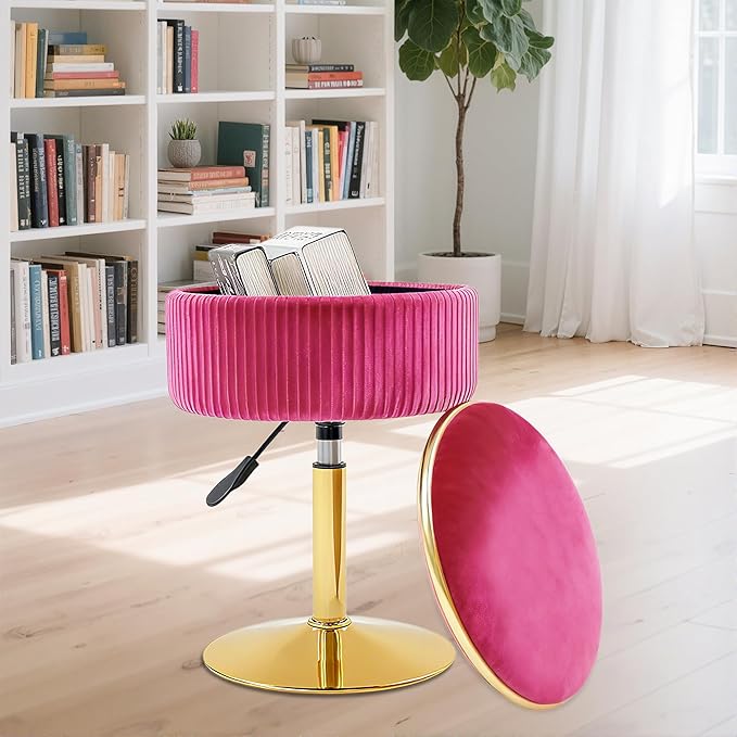 Adjustable Vanity Stool with Storage, 360° Swivel Makeup Stool Chair Small Velvet Round Ottoman with Gold Base for Bedroom (Hot Pink)