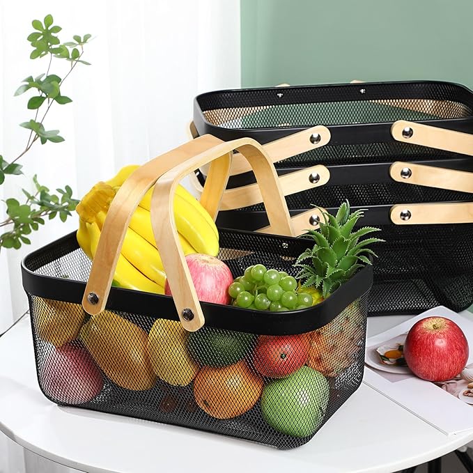 Sadnyy 4 Pcs Metal Wire Storage Basket with Handle Mesh Harvest Durable Vegetables Fruit Basket for Garden Organizing, Kitchen, Countertop, Closet, Bedroom (16 x 9.8 x 7.1 Inch,Black)