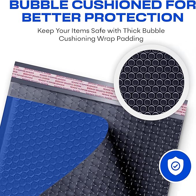 Royal Blue 10.5x16 Inch Large Poly Bubble Mailers #5 | Padded Envelopes with Self Seal | Air Lined Cushioned Bubble Mailer | Usable Size 10.5x15 | 200 Pack Bulk | Lightweight shipping Bags