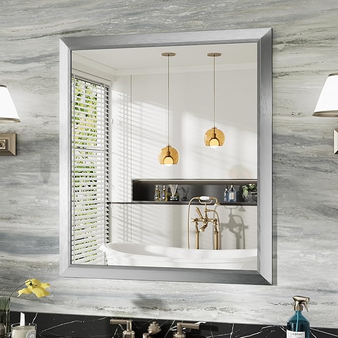 36x32 Inch Brushed Nickel Bathroom Mirror for Wall, Thick Metal Framed Rectangle Mirrors for Over Sink, Bedroom, Living Room, Entryway, Anti-Rust, HD Tempered Glass