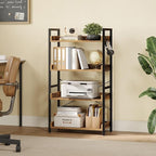 Rolanstar Bookshelf 4 Tier with 4 Hooks, Industrial Wood Bookcase, Vintage Storage Rack with Open Shelves, Rustic Standing Bookshelves Metal Frame Display Rack for Living Room, Bedroom, Rustic Brown
