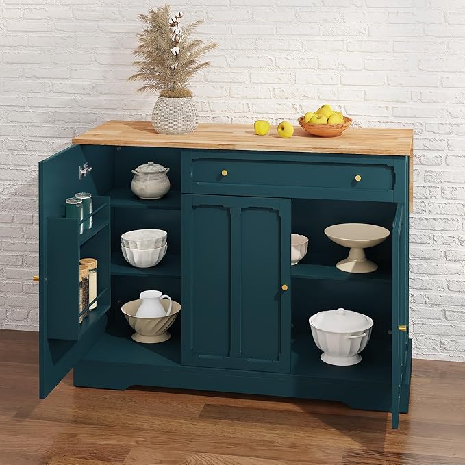 HLR Kitchen Island Cart with Storage, Carved Doors Modern Rolling Islands with Drop Leaf, Sideboard Buffet Cabinet on Wheels, Prep Table for Kitchen, Dining Room (Green)