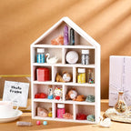 House Shaped Wooden Shadow Cubby Box 10 W x 2 1/4 D x 15 H Hanging Display Shelf Organizer Wall Mounted Curio Cabinet Wooden Display Case Miniature Shelf for Figures(Wood Color)