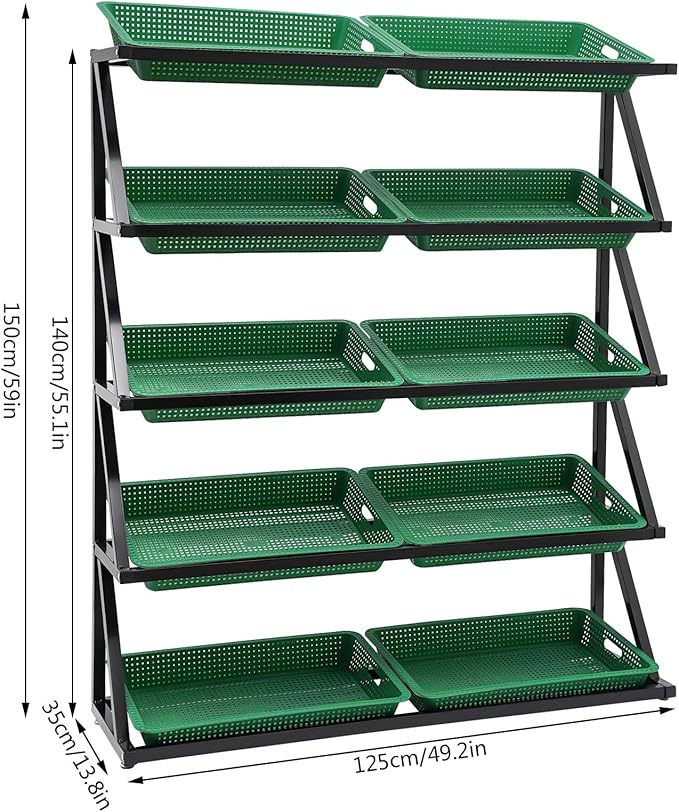 5 Tiers Retail Display Rack, Large Capacity Market Shelf Fruit and Vegetable Basket Stand Rack Set for Kitchen, Office, Store, Supremarket Utility Storage Shelves