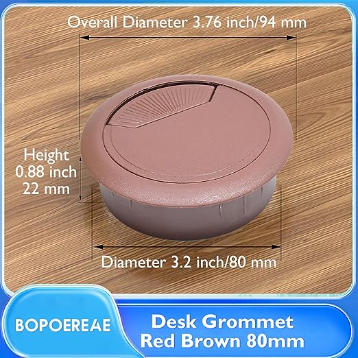 Desk Grommet 3-1/8" (80 mm), Desk Cord Hole Cover, Cable Grommet ABS Plastic, Desk Hole Grommet for Office and Home Table Cable, Detachable Adjustable Cable Cord Organizer (Reddish Brown 2 Pcs)