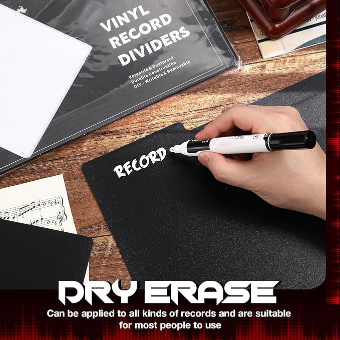 Facmogu 20PCS Vinyl Record Dividers, Upgrade Thicker 33 RPM Plastic Vinyl Record Separators, 12in Blank Writable DIY Record Dividers, Reusable LP Dividers for Vinyl DVD Record Albums Storage - Black