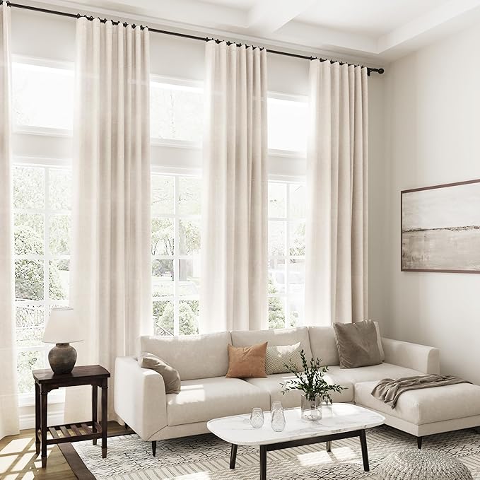 Linen Beige Curtains 108 Inches Long 2 Panels Set Back Tab Rod Pocket Semi Sheer Linen Cotton Textured Light Filtering Extra Long Curtain Farmhouse High Ceiling Curtains for Living Room 9Ft 42x108