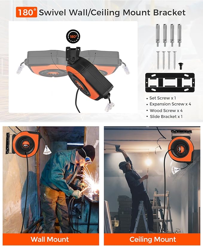 Retractable Cord Reel, 60 FT Heavy Duty Extension Cord, 12AWG/3C SJTOW, 3 Grounded Outlets Lighted Triple Tap, 15A Circuit Breaker, Wall/Ceiling Mounted, UL Listed, Orange B60CR06
