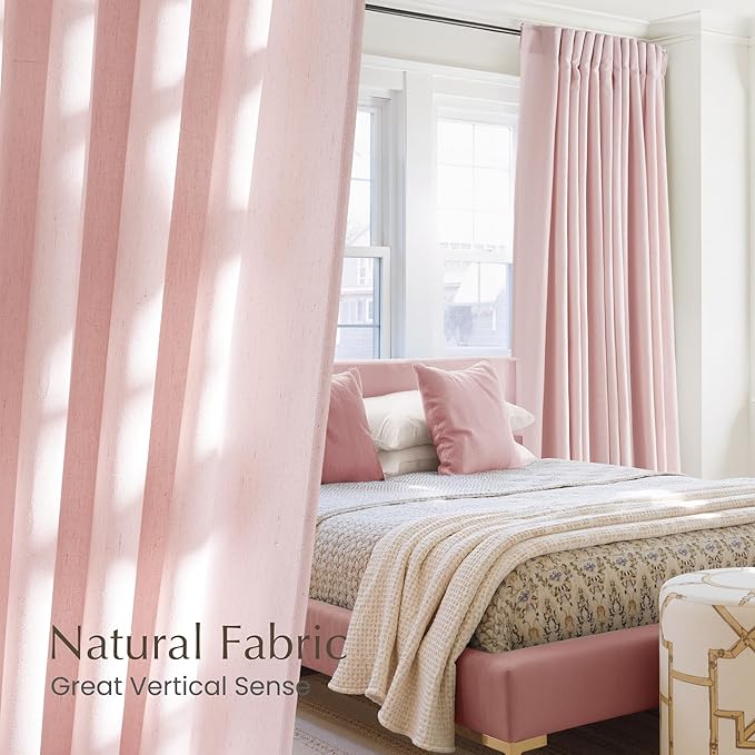 NICETOWN Thick Linen Blend Light Pink Sheer Curtains for Girls Room, Pleat Tape Semi Sheer Privacy Added with Light Filtering Window Treatments for Bedroom/Living Room, W52 x L108, 2 Panels