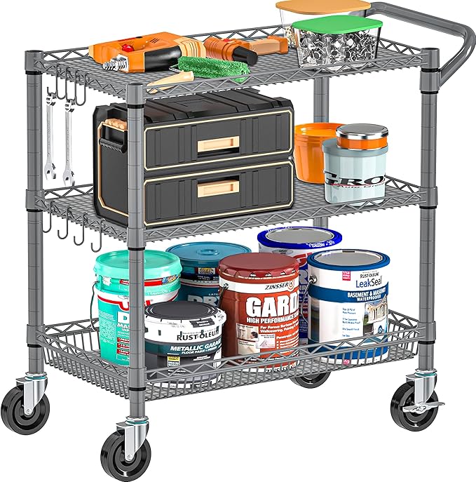 Heavy Duty Metal Carts with Wheels 1050lbs Steel Wire Rolling Utility Cart with Storage Commercial Grade Trolley with Handle Bar&Shelf Liner for Kitchen Living Room Laundry Grocery