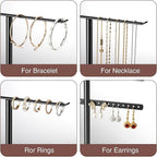 pickpiff Jewelry Stand Organizer, 12.5" Tall Sturdy Metal, 3-Tier Jewelry Holder for Necklace, Earring, Bracelet, Ring, Hanger for Display and Storage, Aesthetic Room Decor, Black