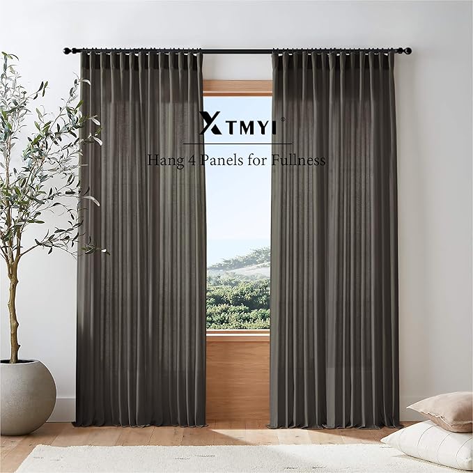 XTMYI Brown Linen Sheer Curtains for Living Room,Pleated Back Tab Light Filtering Curtain Drapes 90 Inches Long 2 Panels Set
