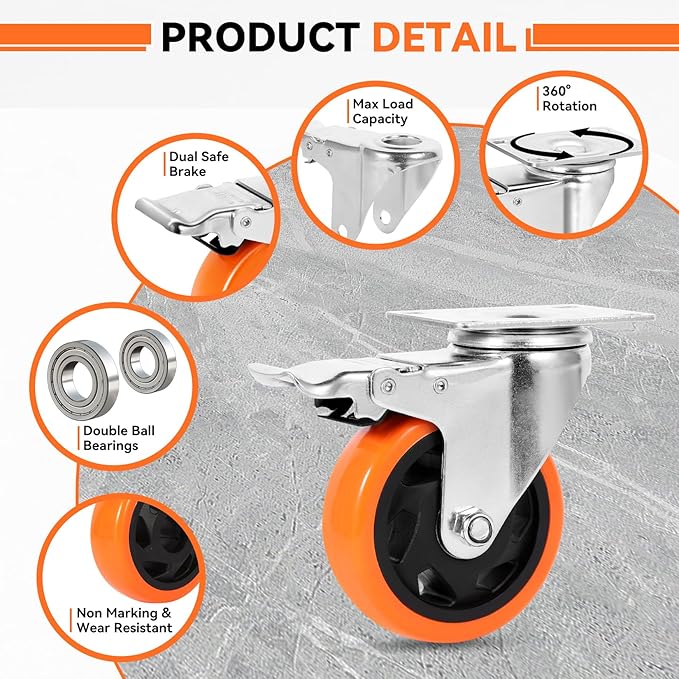 W B D WEIBIDA 4 Inch Swivel Casters with Brake Set of 4 Heavy Duty of 1200 lbs, Safety Dual Locking Plate Castors, No Noise Wheels for Furniture, Workbench and Carts(Nuts & Bolts & 2 Spanners)