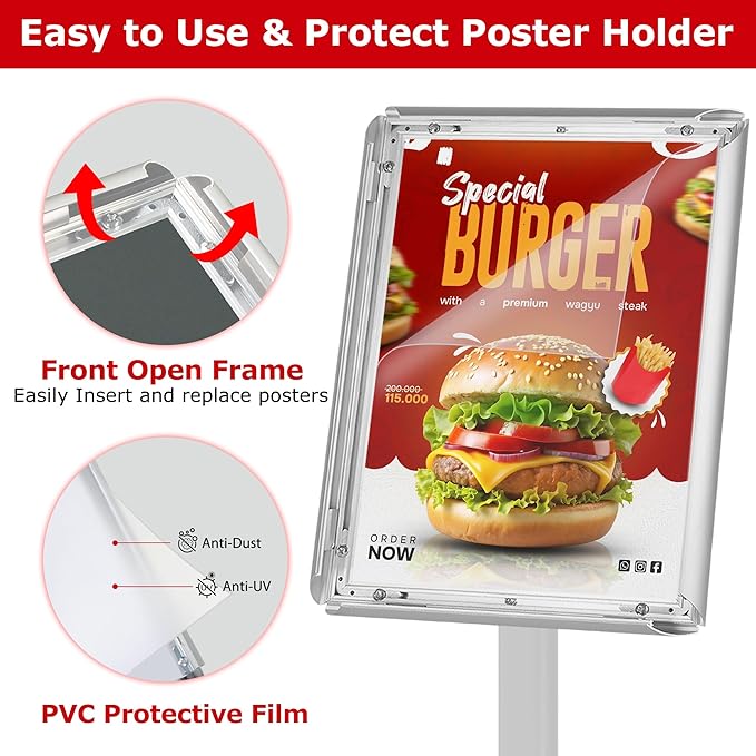 3 Pack Heavy Duty Standing Sign Holder 11x17 Inch - Pedestal Floor Sign Stand with Weighted Base - Vertical & Horizontal Poster/Menu Display Stands for Indoor/Outdoor Advertising, Silver