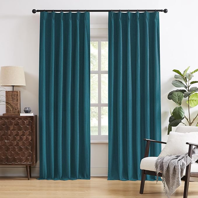 DUALIFE Dark Teal Blue Pinch Pleated Blackout Curtains 63 Inches Long, Back Tab with Hooks, Linen Full Black Out Thermal Insulated Track Curtain for Bedroom Living Room,40 Wx63 L, 2 Panels