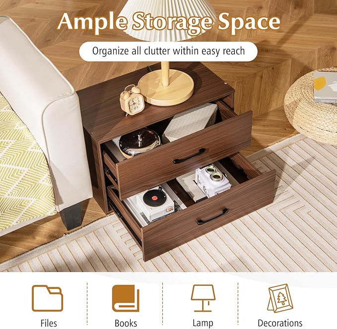 POWERSTONE 2 Drawers Storage Cabinets, Wooden Dresser Organizer, Under Desk Storage for Living Room, Bedroom, Home Office, Walnut