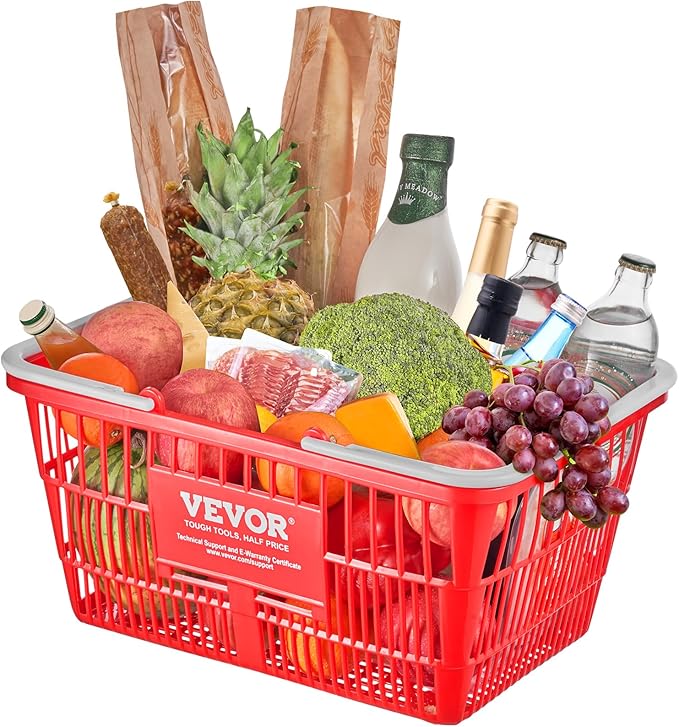 VEVOR Set of 20, 21L Red Plastic Grocery Basket with Handle and Stand, 16.5 x 11.8 x 8.27 inch Portable Shop Basket, Ideal for Retail Store, Supermarket, Grocery Shopping