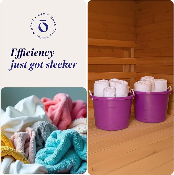 HOMZ 2-Pack Utility Tub, Large Plastic Storage Bucket with Rope Handles, 17 Gallon, Purple - Portable Indoor and Outdoor Buckets for Kitchen, Laundry, Garden, Bathroom, and Garage Organization