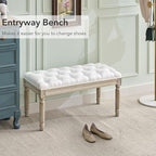 LOULENS French Vintage Bench, Linen Fabric Entryway Bench, Upholstered Tufted End of Bed Bench with Brushed Wood Legs, White