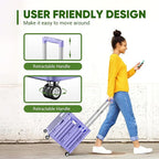 Folding Utility Cart with Lid, Portable Rolling Crate Handcart Collapsible Shopping Trolley, Durable Plastic Foldable Tool Basket with 4 Rotate Wheels for Grocery, Office, Luggage, School - Purple