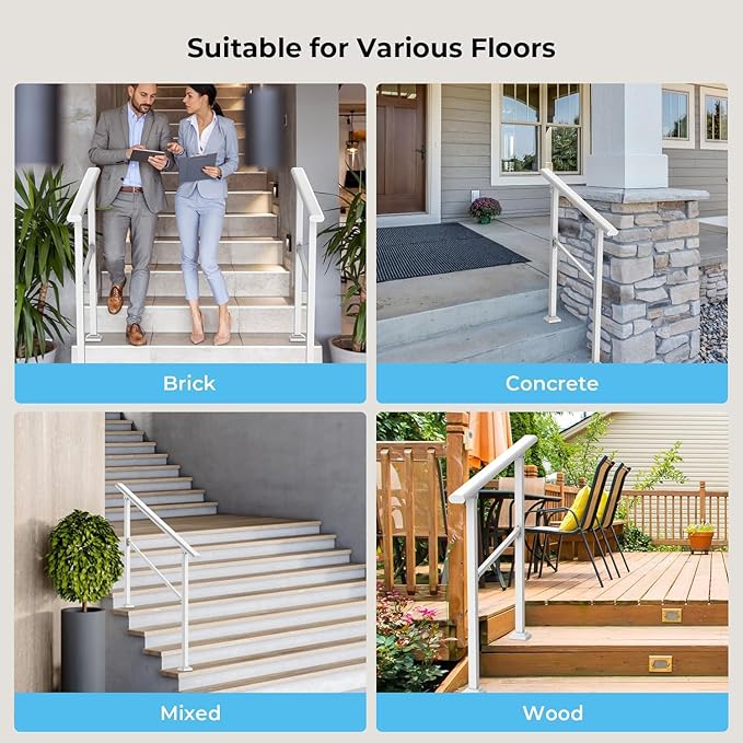 Metty Metal Handrails for Outdoor Steps Suitable for 1 to 5 Steps- Wrought Iron Stair Railing- Step Steady with 5 Feet Handrailing- Safe Indoor Home Banisters (White-Straight, 5 Step)